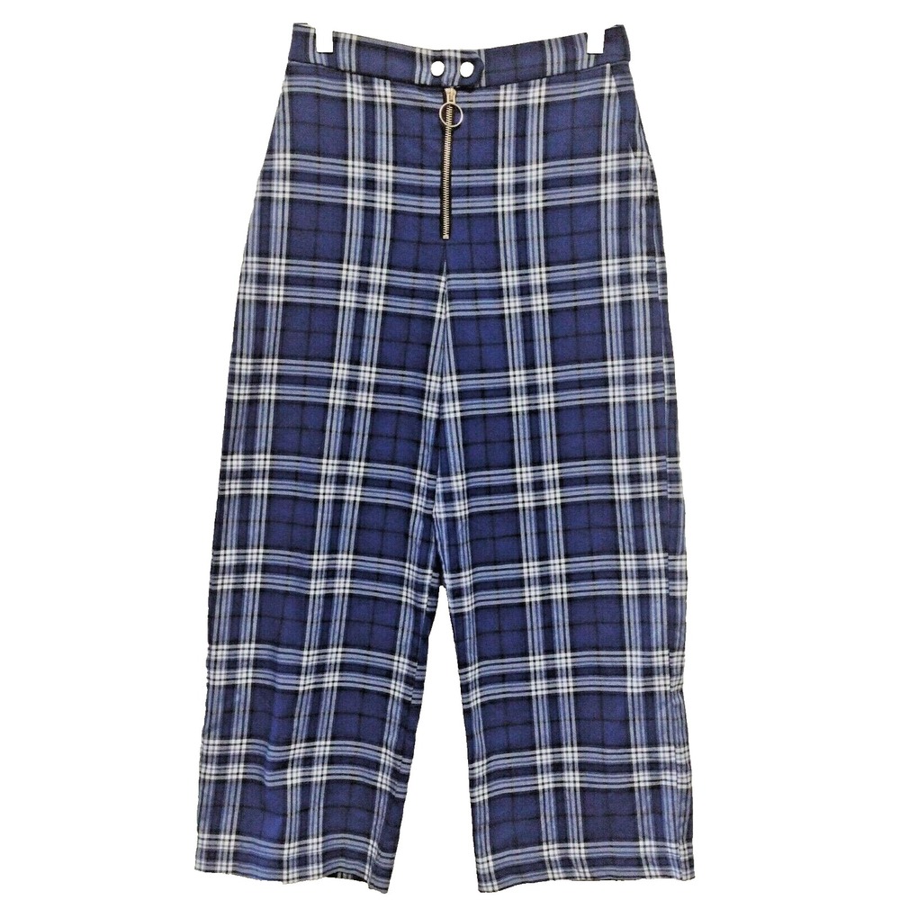 Urban Outfitters Size 4 Blue Plaid High Rise Wide Leg Cropped Pants O-Ring Zip